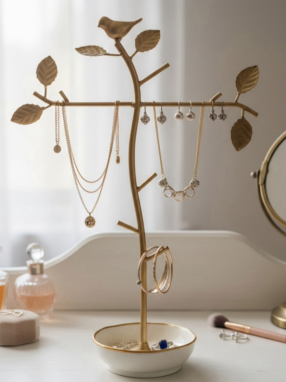 Vintage Style Gold Bird & Leaf Jewelry Tree Stand Organizer Vanity Display